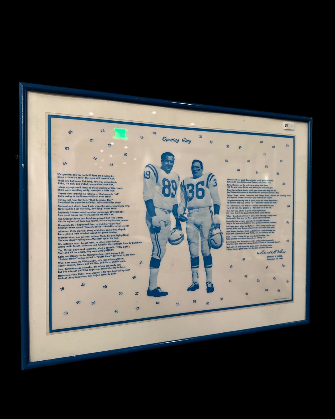Marchetti and Pellington "Opening Day" Baltimore Colts Placemat Framed