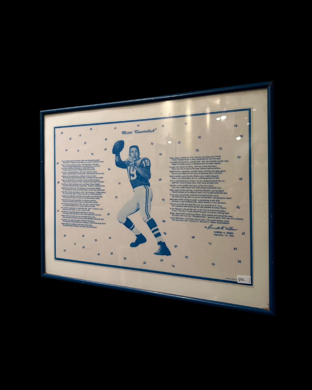 John Unitas "Mister Quarterback" Baltimore Colts Placemat Framed