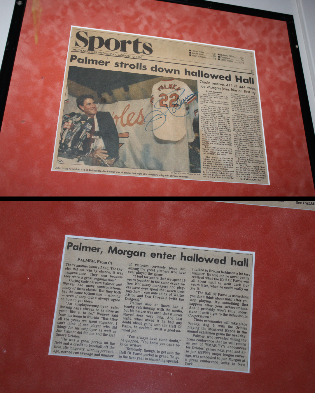 Signed Jim Palmer "Palmer Strolls Down Hallowed Hall" Newspaper Article by The Sun (2) Framed