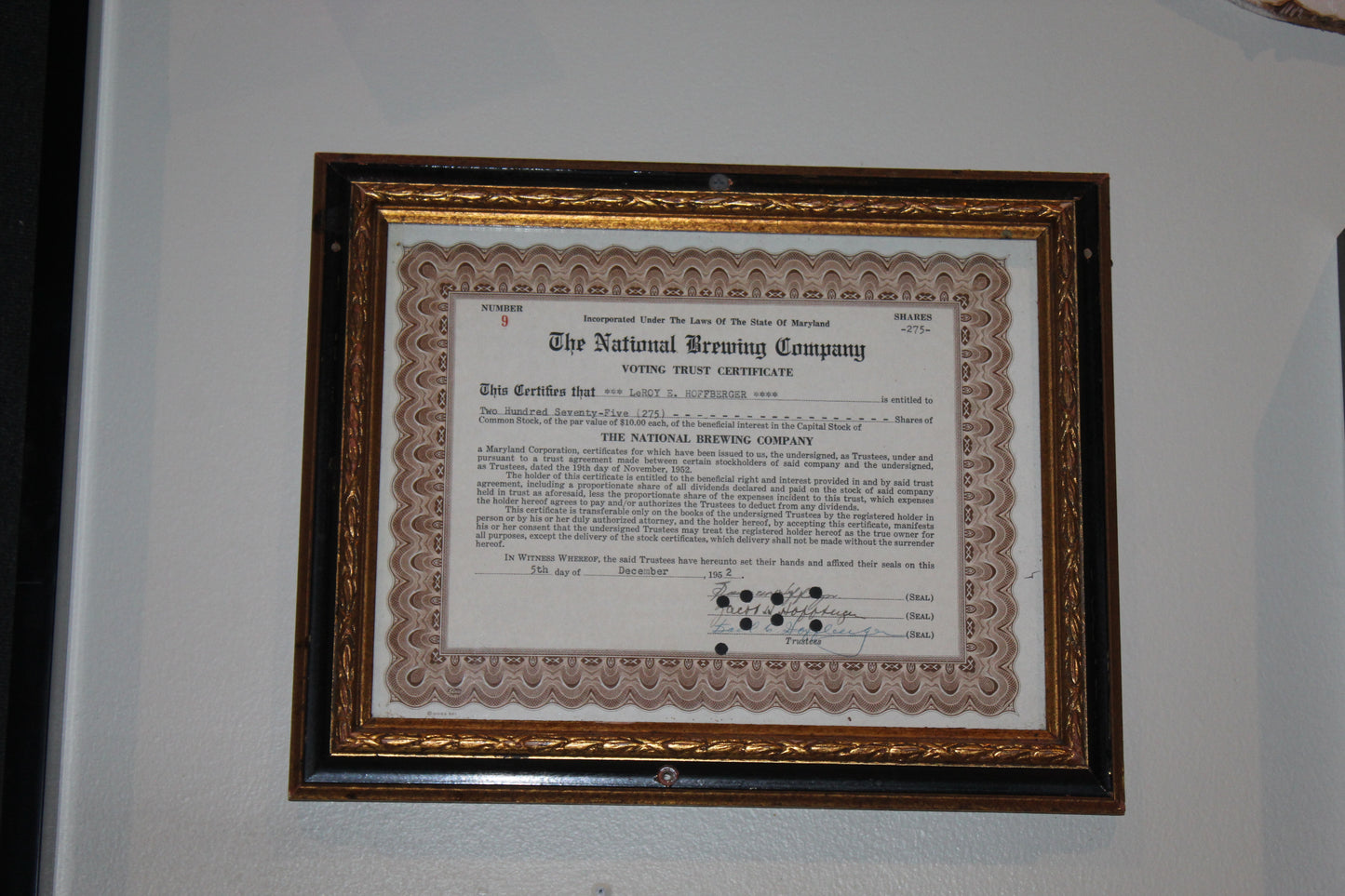 #22 The National Brewing Company Certificate