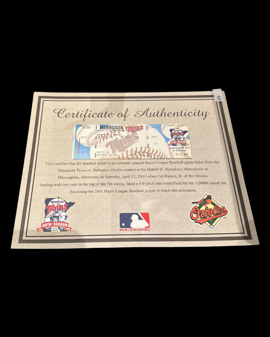 Certificate of Authenticity: Baltimore Orioles VS Minnesota Twins 4/15/2000 Game Ticket