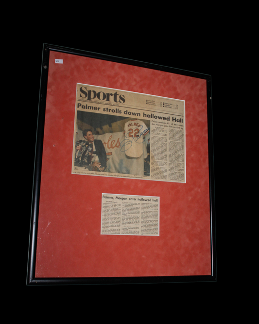 Signed Jim Palmer "Palmer Strolls Down Hallowed Hall" Newspaper Article by The Sun (2) Framed