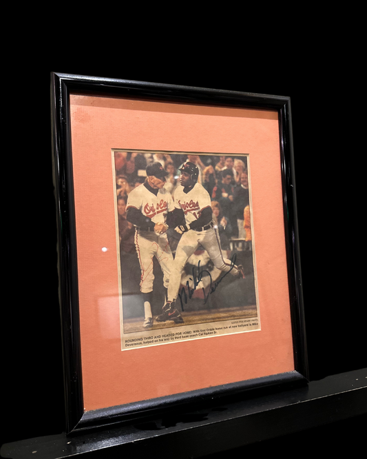 Signed Mike Devereaux Baltimore Orioles Newspaper Photo Featuring Cal Ripken Jr. Framed